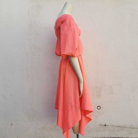 NICHOLAS Coral Neon Orange Puff Sleeve Cutout Asymmetric Dress - Picture 4 of 7